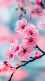 Pink blossoms on dark branch against blurred blue background.