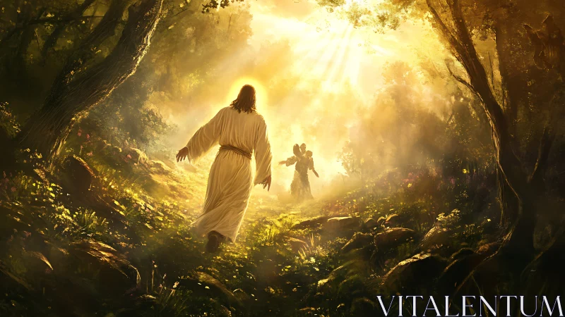 Radiant robed figure walks toward angelic light in forest glade