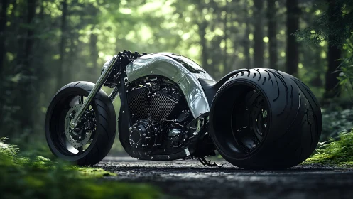 Custom wide-tire motorcycle rendered on forest trail