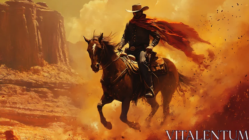 Lone cowboy riding through orange desert dust storm.