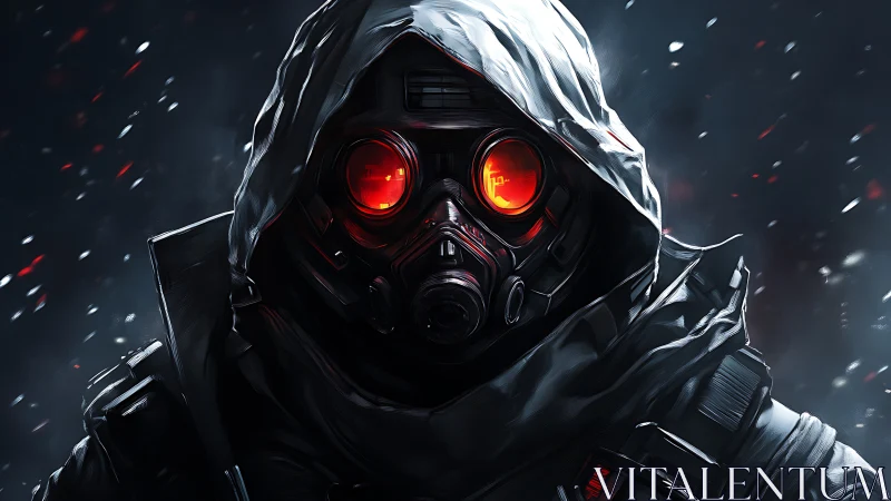 Hooded wanderer in glowing mask steps through frozen night