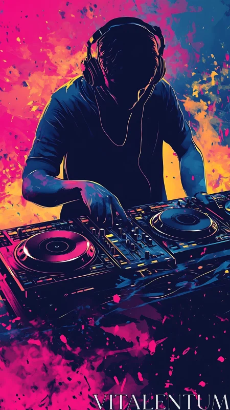 Neon-splashed DJ silhouette mixing decks in vivid motion.