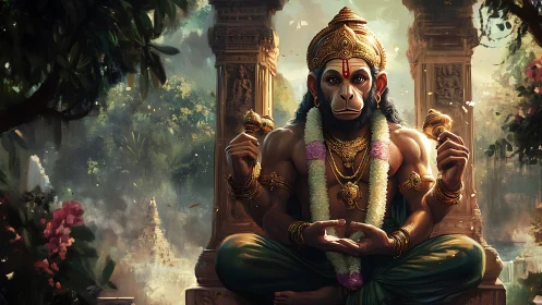 Hanuman deity portrait in lush temple courtyard lighting.