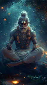 Mystic yogi meditates amid glowing forest embers at night