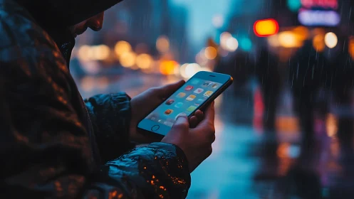 Raindrop city street glows as a person checks their phone