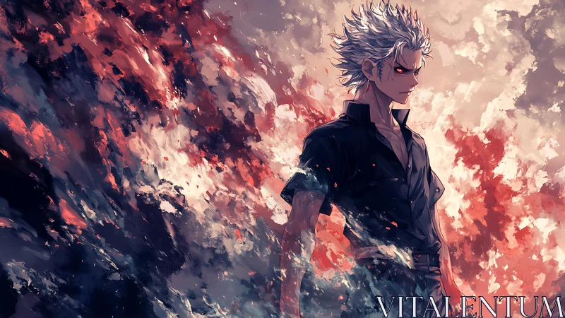 Silver haired anime fighter amid explosive crimson energy storm