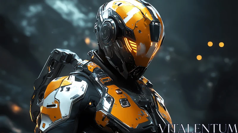 Neon dusk guardian in bright orange sci fi exosuit armor.