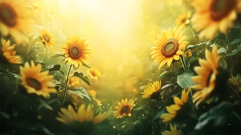 Backlit sunflower field under diffused golden sunrise glow