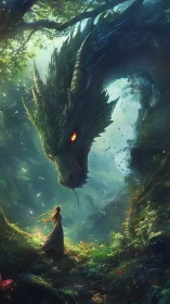 Forest girl meets a watchful dragon in glowing green light