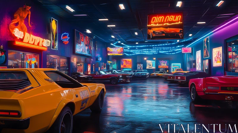 Neon-lit retro muscle car showroom glows under wet floor
