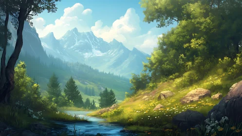 Sunlit mountain meadow and quiet creek for unhurried daydreams.