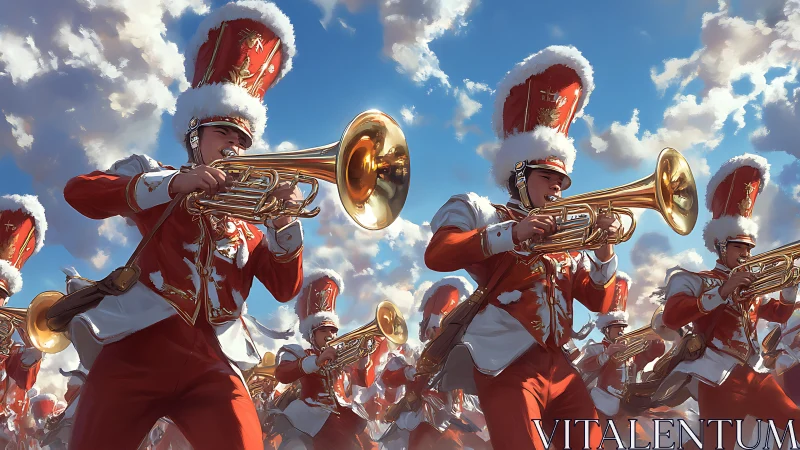 Synchronized marching band brass section under dynamic cumulus sky