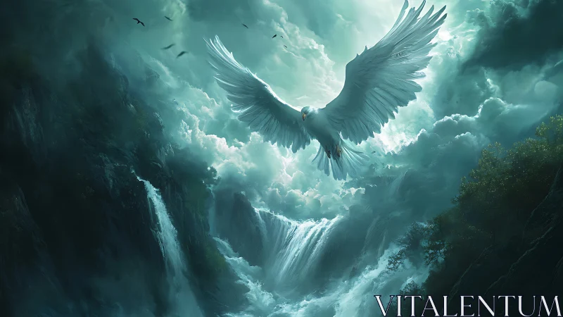 Majestic white bird ascends above ethereal cascading waterfalls