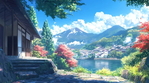 Peaceful lakeside village rests beneath bright mountain skies