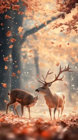 Gentle deer stand in glowing autumn forest light together