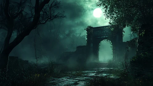 Moonlit stone arch stands in misty, overgrown forest ruins