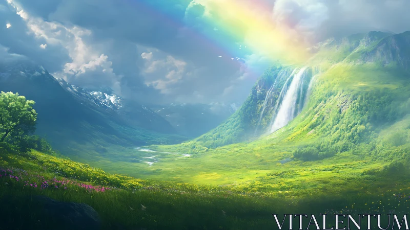 Rainbow drapes itself over a waterfall-drenched valley dream