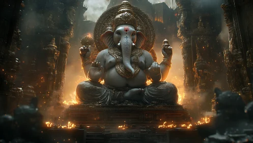 Majestic Ganesha deity in glowing temple interior.