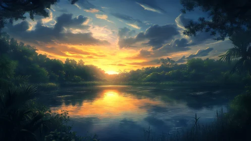 Sunlit river sunrise reflects vivid cloud-drenched sky.