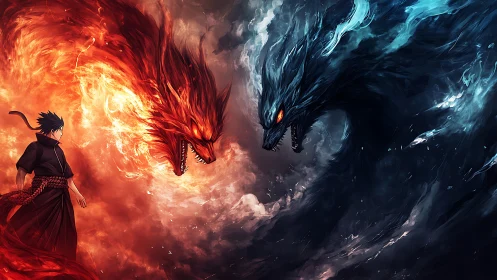 Elemental dragon duel engulfs lone warrior in swirling fire.