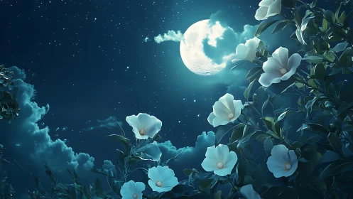 Moonlit garden blossoms drifting through a quiet night sky.