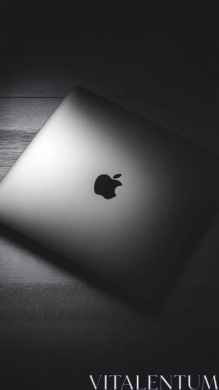 Closed silver laptop on dark wood surface under light.