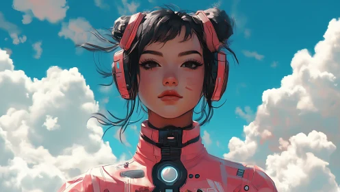 Neon-suited anime pilot rendered against hyperreal cumulus sky