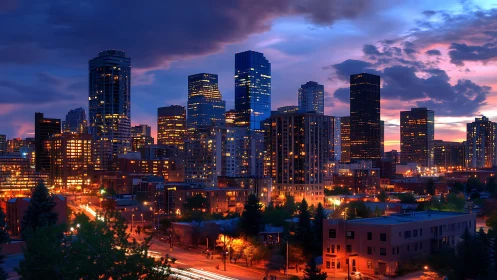 Glowing city skyline wrapped in deep blue evening light.