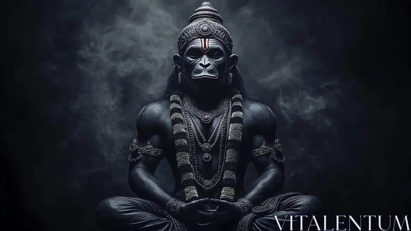 Majestic monkey-headed deity sits in powerful calm
