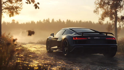 High-detail rear three-quarter render of Audi R8 on wet rural road
