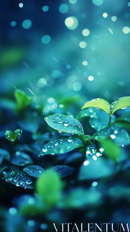 Close-up green leaves with water droplets in soft blue bokeh.