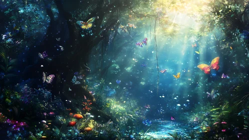 Glowing forest pond welcomes colorful butterflies in quiet light