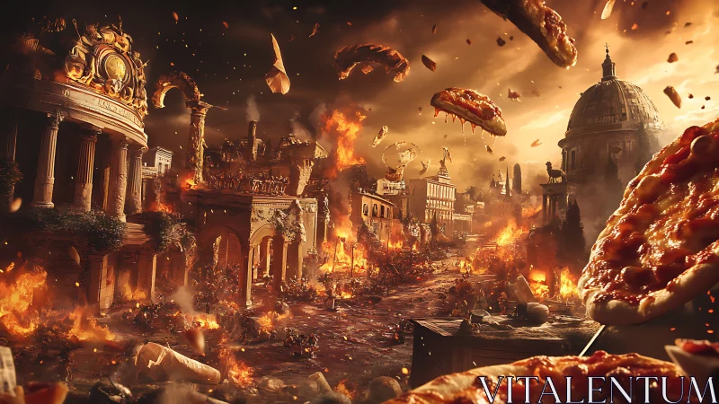 Apocalyptic Roman avenue under flaming pizza bombardment.
