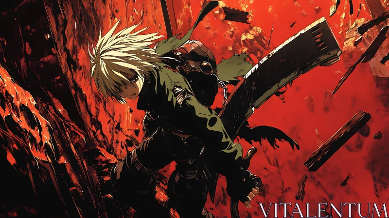 Dynamic anime warrior descending through debris with massive blade