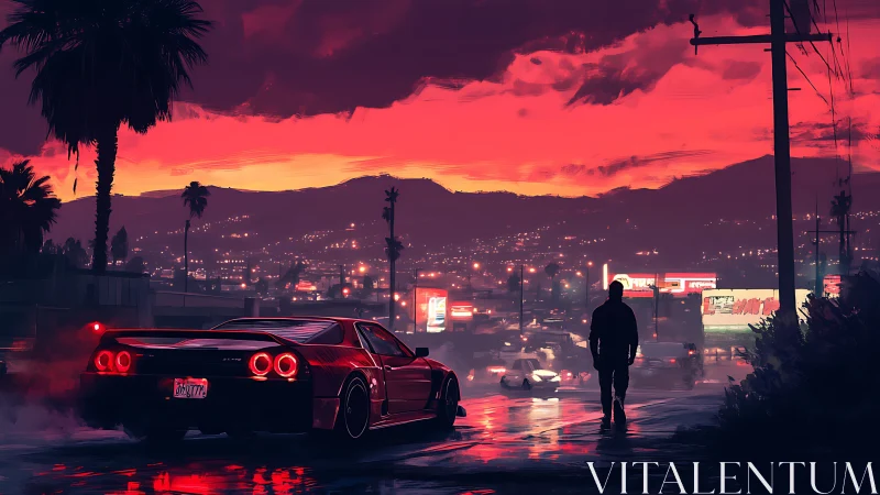 Retro supercar on neon-soaked boulevard at dusk in cityscape