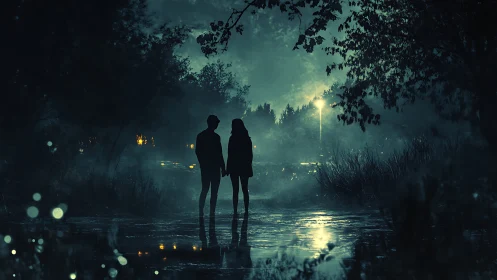 Silhouetted couple on misty path beneath emerald nightscape.