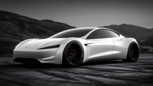 Electric performance coupé in monochrome mountain landscape.