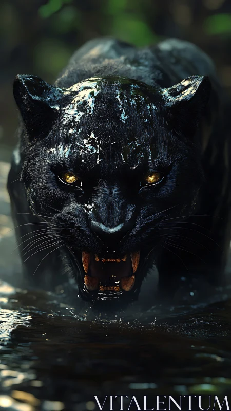 Fierce Black Panther with Golden Eyes Hisses.