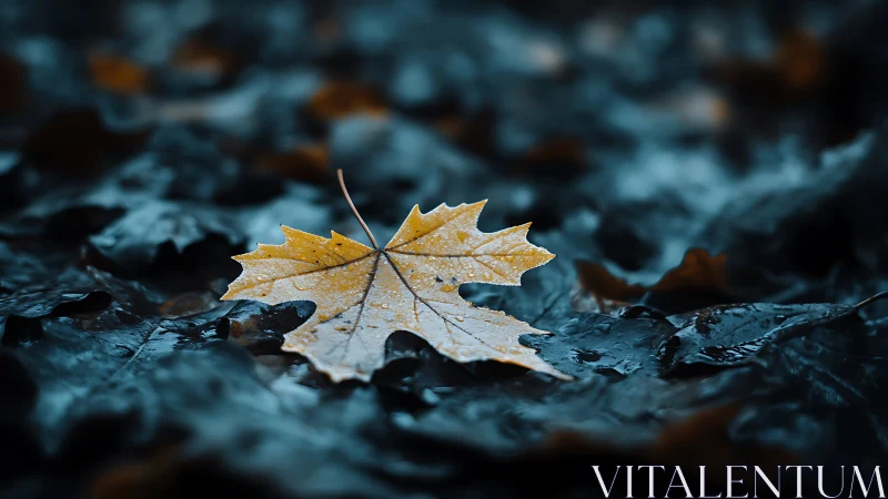 Golden maple leaf on wet dark foliage in shallow focus.