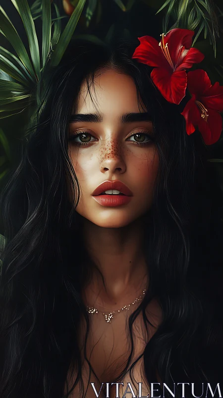 Jungle muse with crimson lilies and storm-dark river hair.