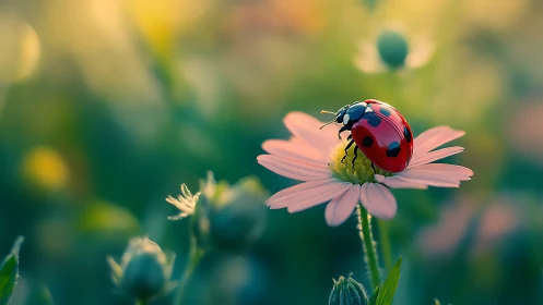 Macro ladybug study on pastel daisy in soft bokeh field.