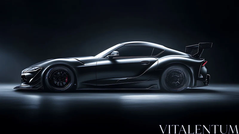 Sleek black sports car glowing softly in dramatic studio light.
