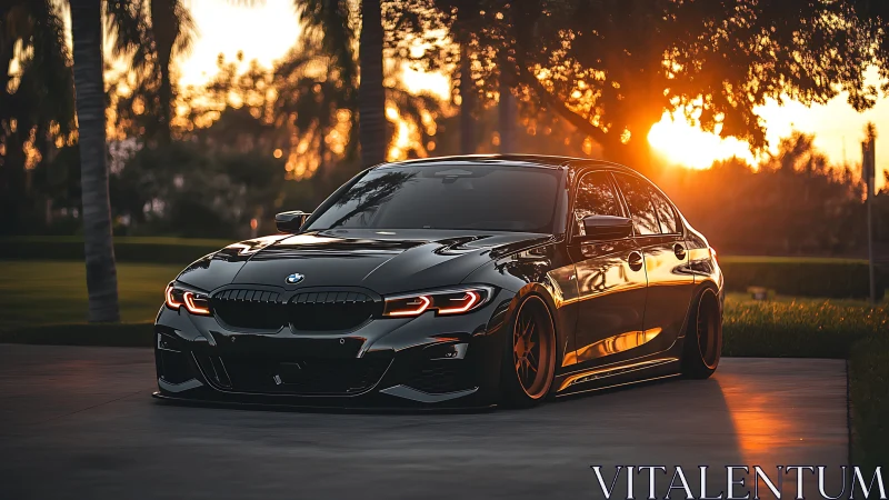 Sunlit black BMW sedan on glossy driveway at sunset.