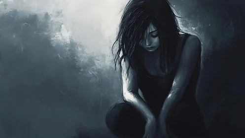 Digital painting of pensive woman in monochrome chiaroscuro mood.