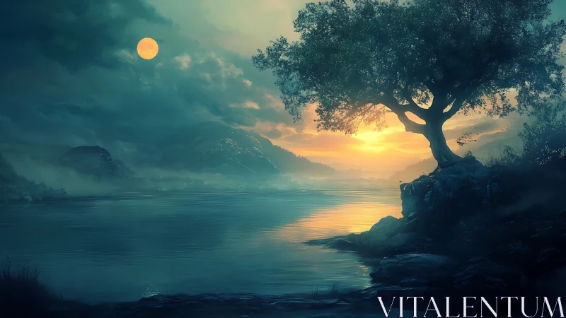Solitary tree above misty river at dual moonlit sunset.