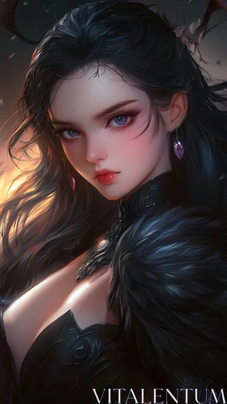 Dark sorceress portrait in fiery, high-gloss fantasy style.