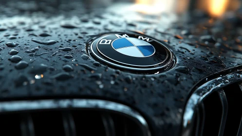 Rain-dappled hood turns car emblem into tiny urban moon