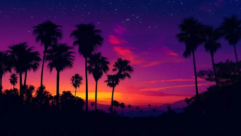 Neon twilight palms under starry gradient sunset sky.