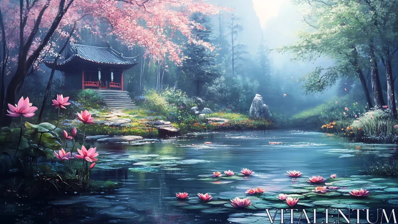 Lotus pond reflects pavilion structure beneath dense foliage