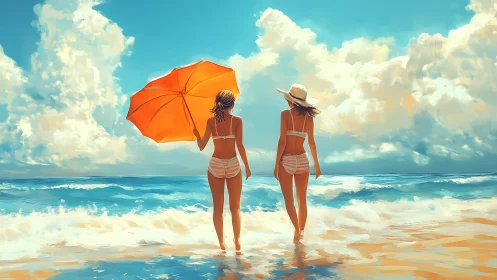 Two women walking on sunny beach with bright umbrella.